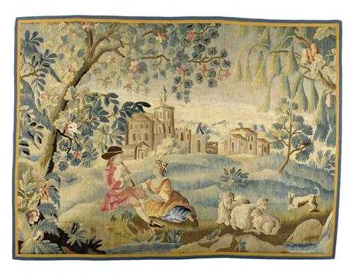 Appraisal: TAPESTRY Louis XV probably Aubusson circa Depicting a couple playing