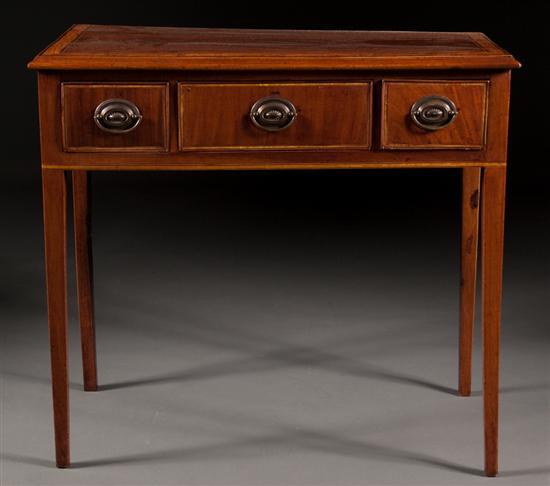 Appraisal: George III ebony stringer inlaid banded mahogany three-drawer writing table