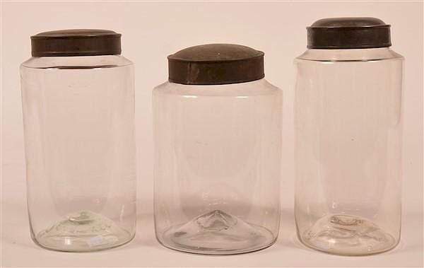 Appraisal: Three Blown Glass Canister Jars with Tin Lids Three Blown