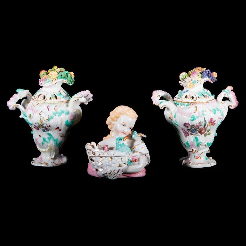 Appraisal: Meissen Pair of Potpourri Urns and a Continental Porcelain Figural