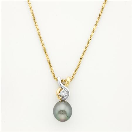 Appraisal: Gray Cultured Pearl and Diamond Pendant with Gold Chain Estimate