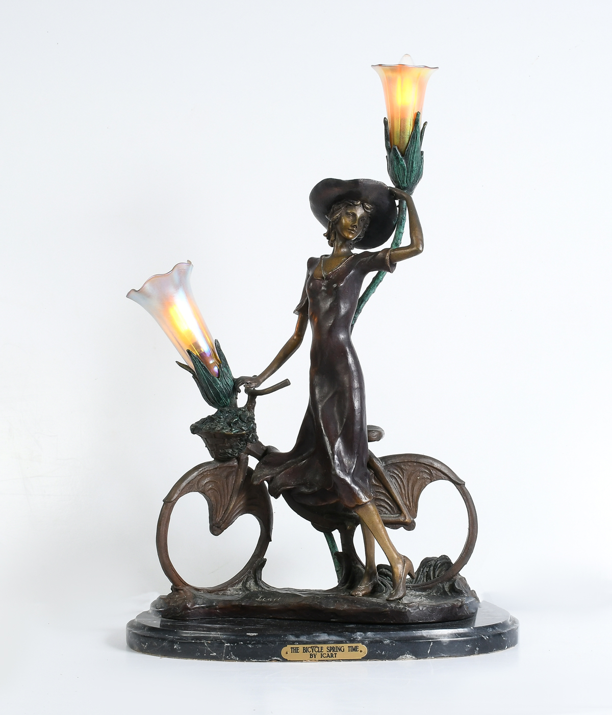 Appraisal: THE BICYCLE SPRINGTIME'' BRONZE LAMP AFTER ICART Art deco light