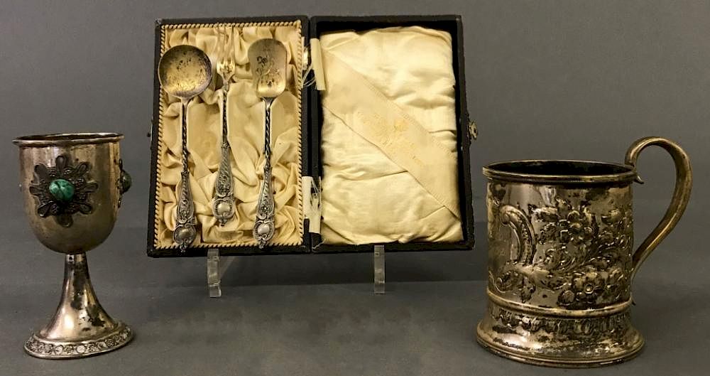 Appraisal: Grouping of Silver Youth Tableware French cased silver youth set