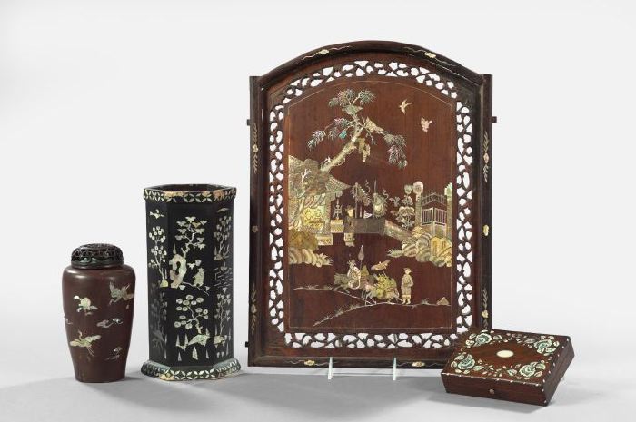 Appraisal: Collection of Four Oriental Mother-of-Pearl-Inlaid Items consisting of a Chinese