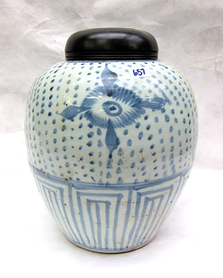 Appraisal: CHINESE BLUE AND WHITE GINGER JAR with wooden lid Height