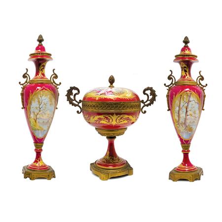 Appraisal: Pair of Sevres Style Gilt-Metal Mounted Porcelain UrnsT w Similar