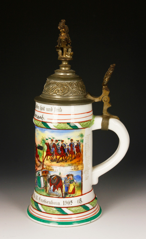 Appraisal: - Regimental Lithophane Stein Regimental lithophane stein with pewter figural