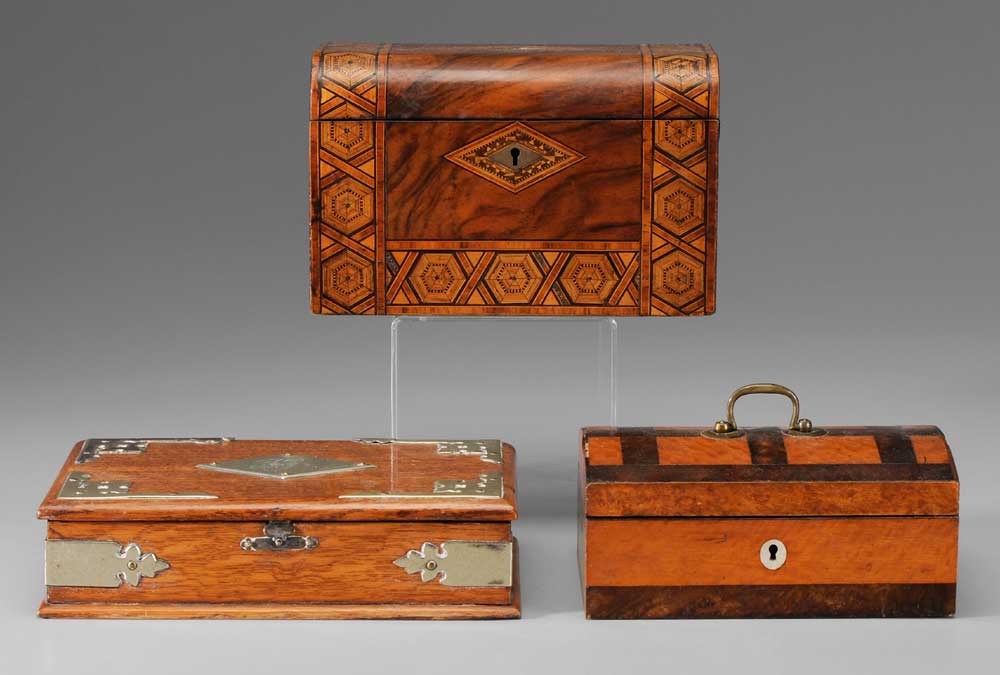 Appraisal: Three Wooden Boxes British th century English walnut tea box