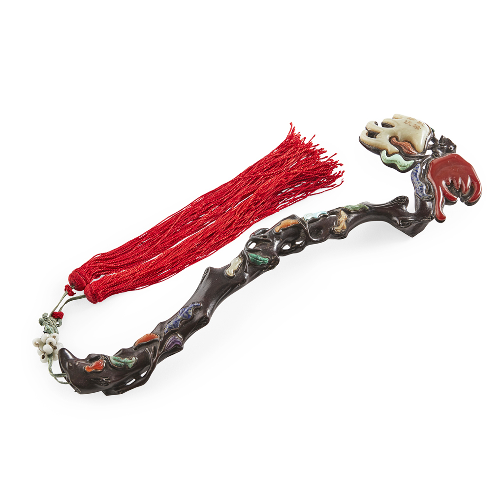 Appraisal: JADE CARNELIAN AND TURQUOISE INLAID WOOD RUYI SCEPTRE carved in