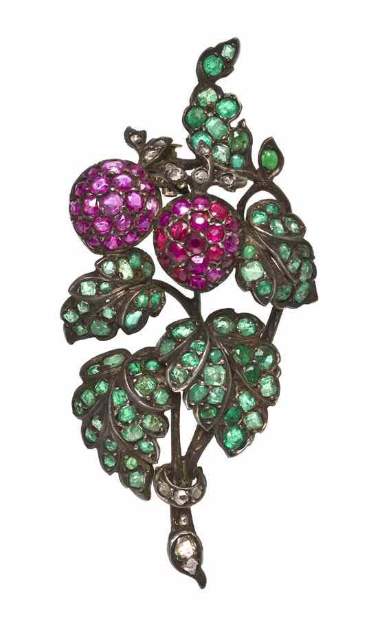 Appraisal: A Victorian Silver Topped Gold Ruby Emerald and Diamond Foliate