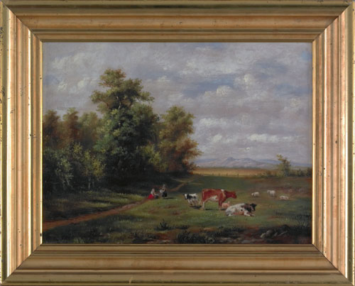 Appraisal: American oil on board pastoral landscape th c with two