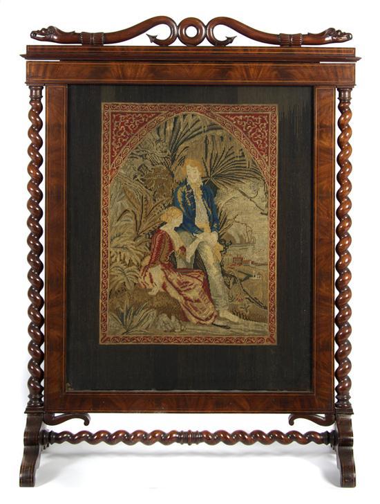 Appraisal: n American Mahogany and Needlepoint Inset Firescreen having an opposing