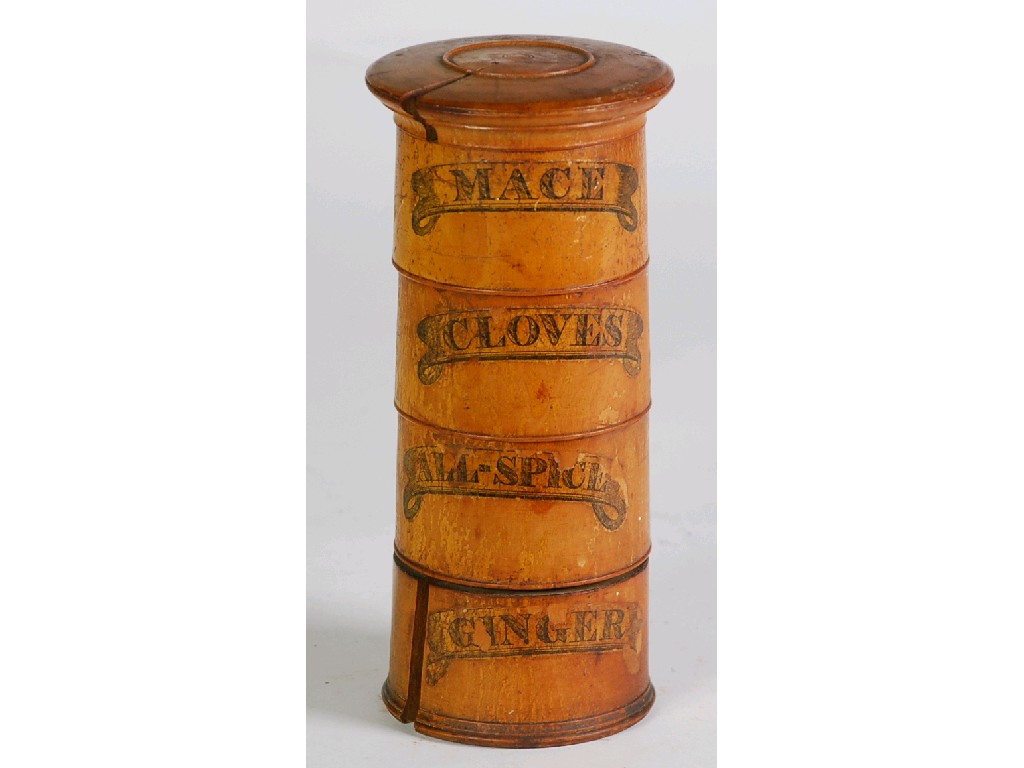 Appraisal: NINETEENTH CENTURY TURNED BLONDWOOD CYLINDRICAL TOWER OF FOUR SPICE BOXES