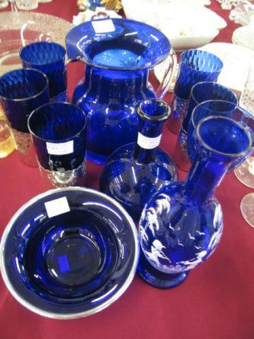 Appraisal: pcs Cobalt Art Glass pitcher tall glases vases bowl