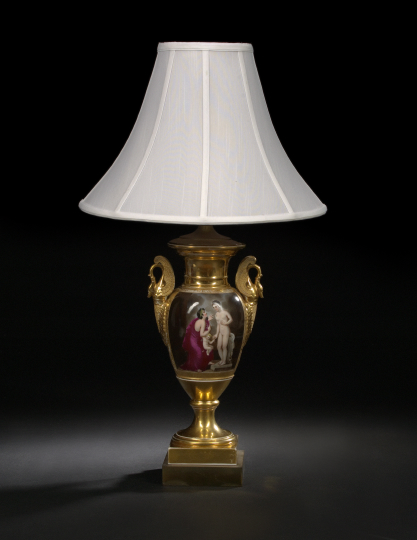 Appraisal: Large Richly Gilded Paris Porcelain Swan-Handled Garniture Vase second quarter