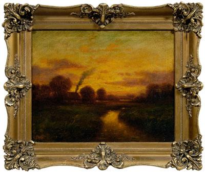 Appraisal: American School painting landscape with house at sunset signed lower