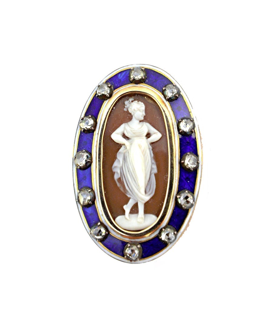 Appraisal: A rose diamond shell cameo and blue enamelled oval pendant