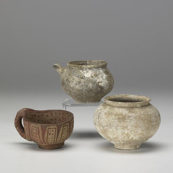 Appraisal: GRECO-ROMAN TERRACOTTA POTTERY Two bulbous vessels intact with ancient patina