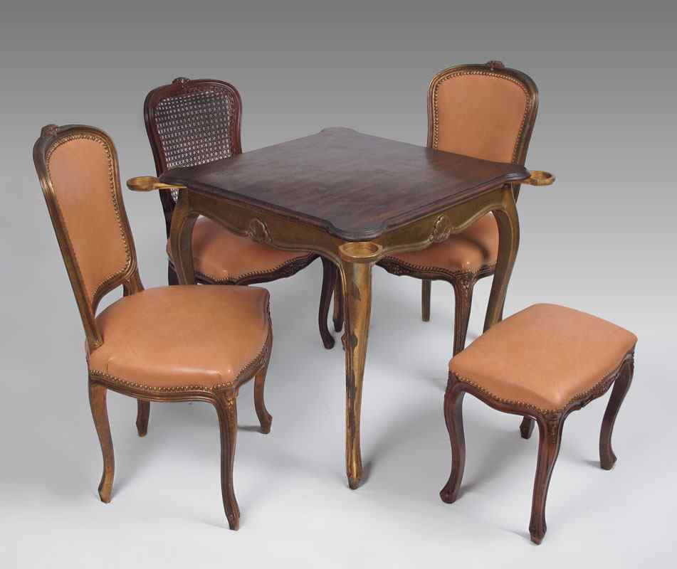 Appraisal: ITALIAN GAME TABLE CHAIRS AND STOOL Table with overhanging top