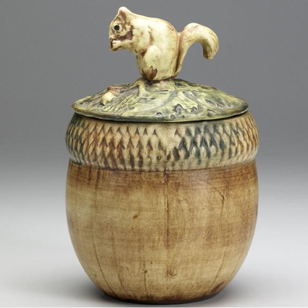 Appraisal: WELLER Rare Woodcraft covered acorn jar with squirrel lid Glaze