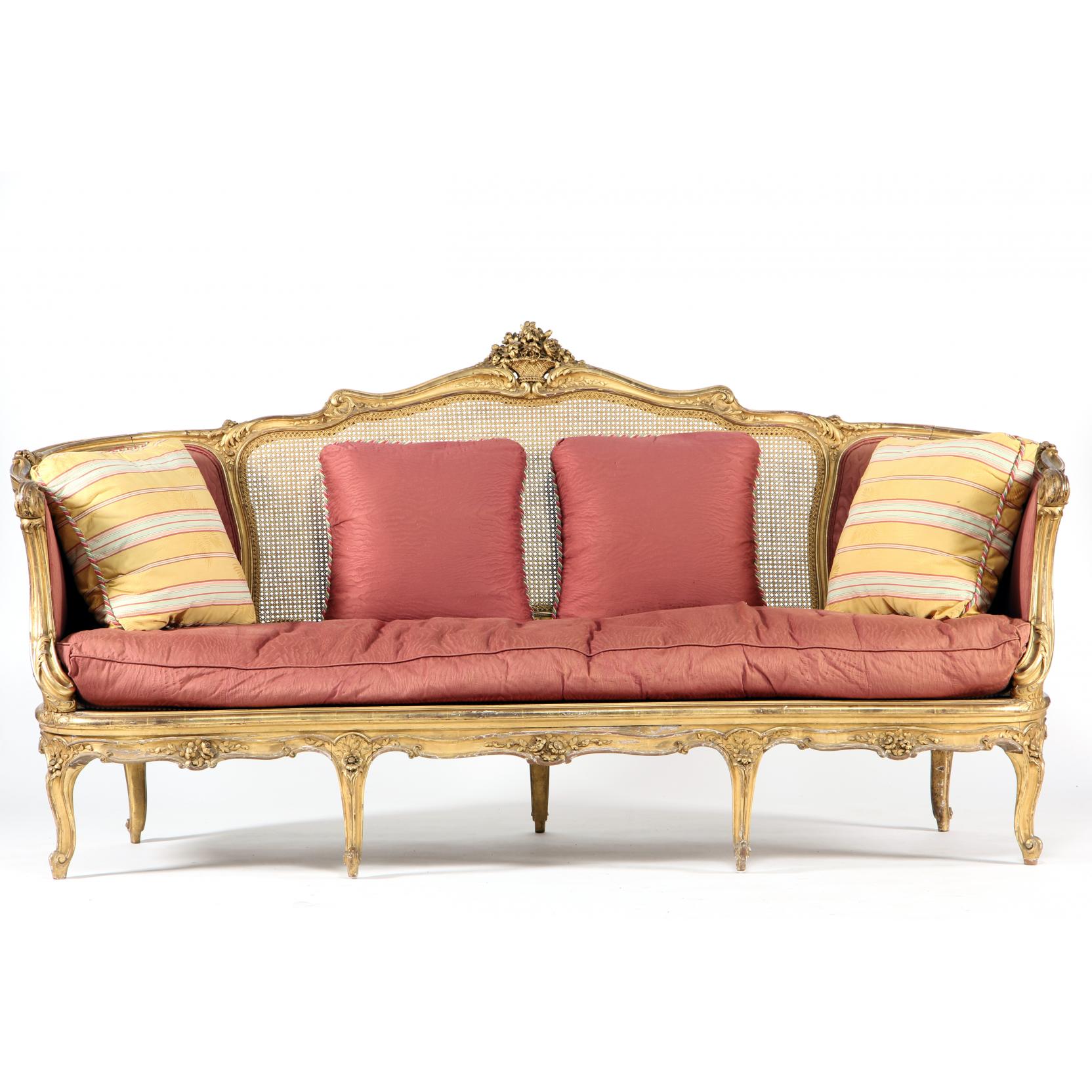 Appraisal: Louis XV Style Giltwood Carved Sofa circa full size sofa