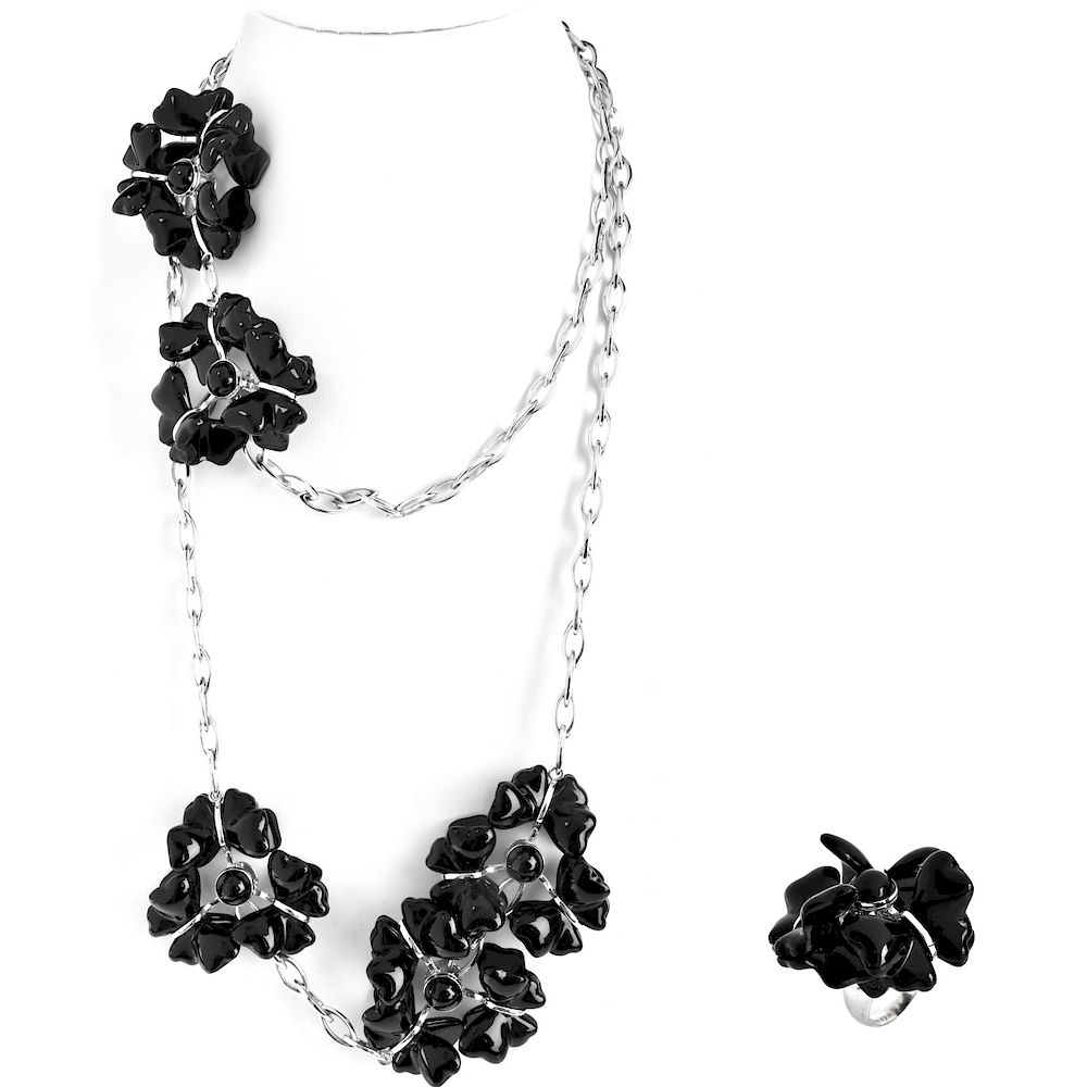 Appraisal: Lalique Black Crystal Necklace and Ring Lalique Black Crystal Flower