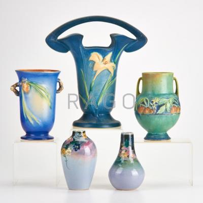 Appraisal: ROSEVILLE WELLER Three Roseville vases Blue Zephyr Lily Blue Pinecone