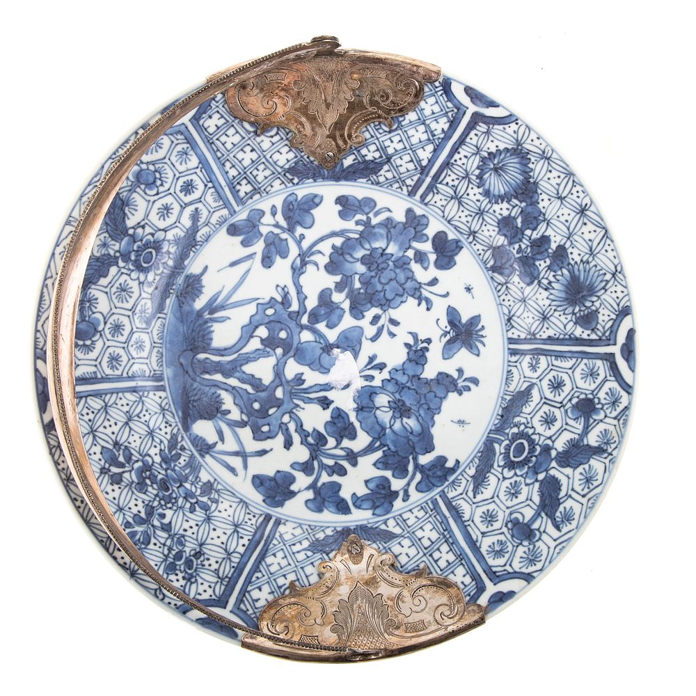 Appraisal: Chinese Export Silver Mounted Porcelain Plate Kang Xi circa floral