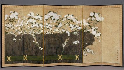 Appraisal: RIMPA SCHOOL JAPANESE SIX-PANEL SCREEN WITH CHRYSANTHEMUMS Watercolor on paper