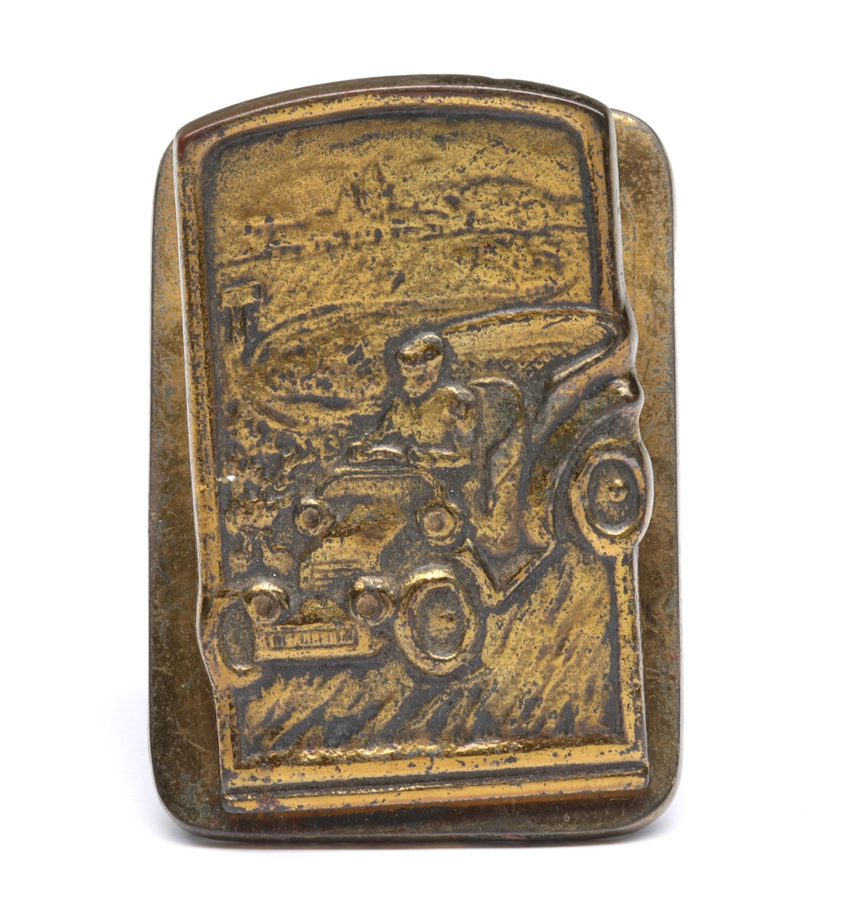 Appraisal: LETTER CLIP WITH EARLY AUTOMOBILEBrass plated iron Very good condition