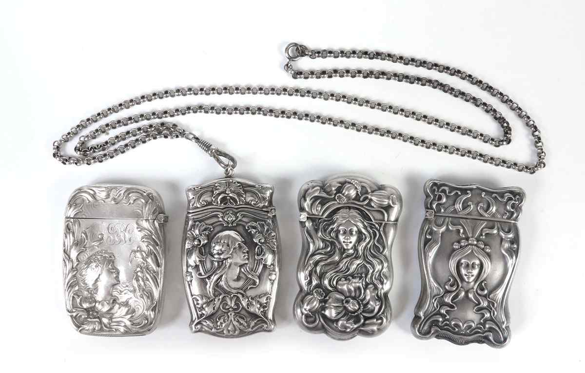 Appraisal: ART NOUVEAU FIGURAL STERLING MATCH SAFES To include Woman's head