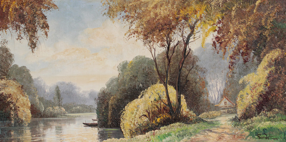 Appraisal: EUROPEAN RIVER LANDSCAPE PAINTING SIGNED RIONDET Oil Canvas '' x