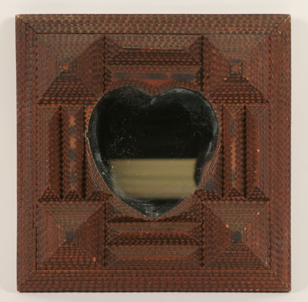 Appraisal: Tramp art chip carved heart mirror frame cigar box art