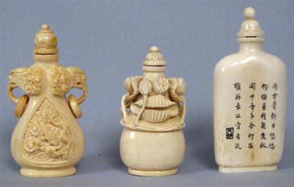 Appraisal: Three Chinese ivory snuff bottles th century and later The