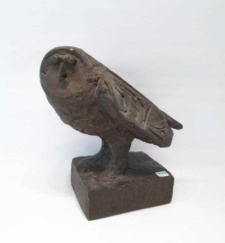 Appraisal: AUSTIN PRODUCTIONS BRONZED CERAMIC OWL SCULPTURE depicting a standing owl