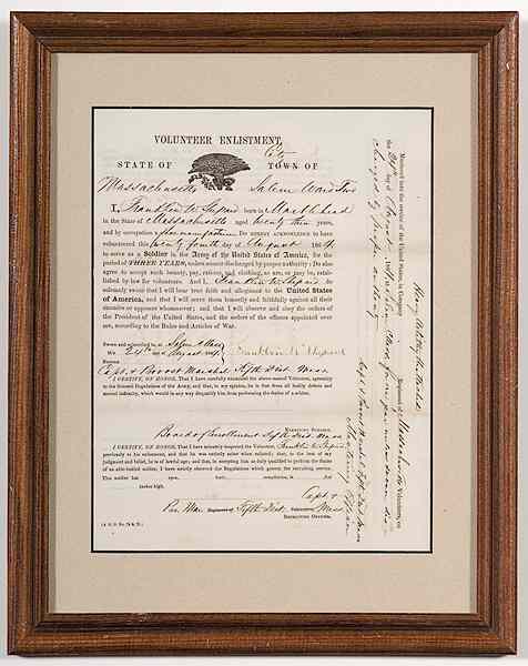 Appraisal: Civil War - Manuscripts Civil War Massachusetts Volunteer Enlistment Document