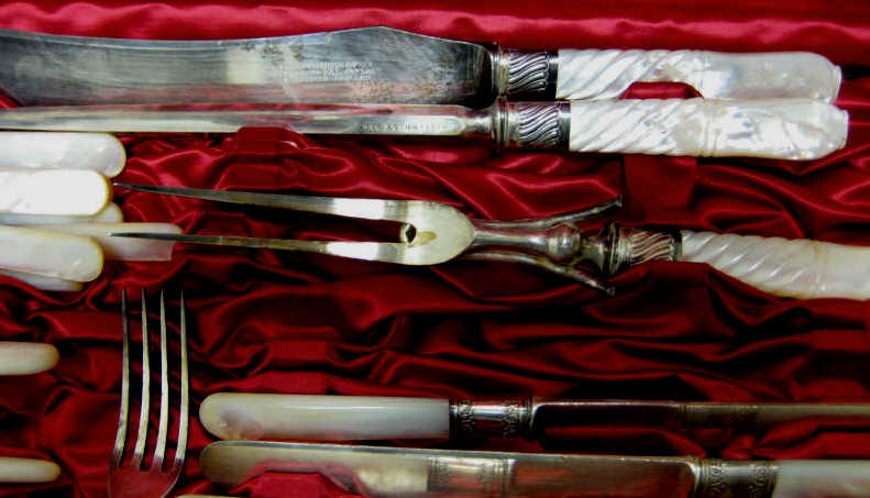 Appraisal: SHEFFIELD MOTHER-OF-PEARL HANDLED CUTLERY Assembled set of ten knives fourteen