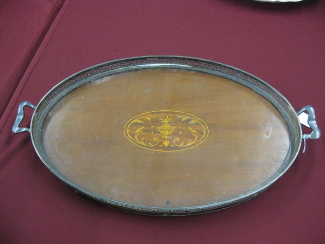 Appraisal: Silverplate Mahogany Serving Tray inliad medallion oval x plus handles