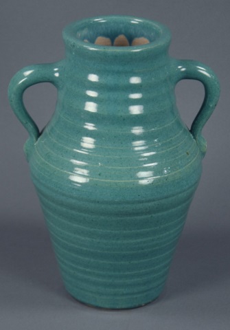 Appraisal: Two-Handled Sunset Mountain Pottery VaseExterior in glossy blue-green glaze ribbed