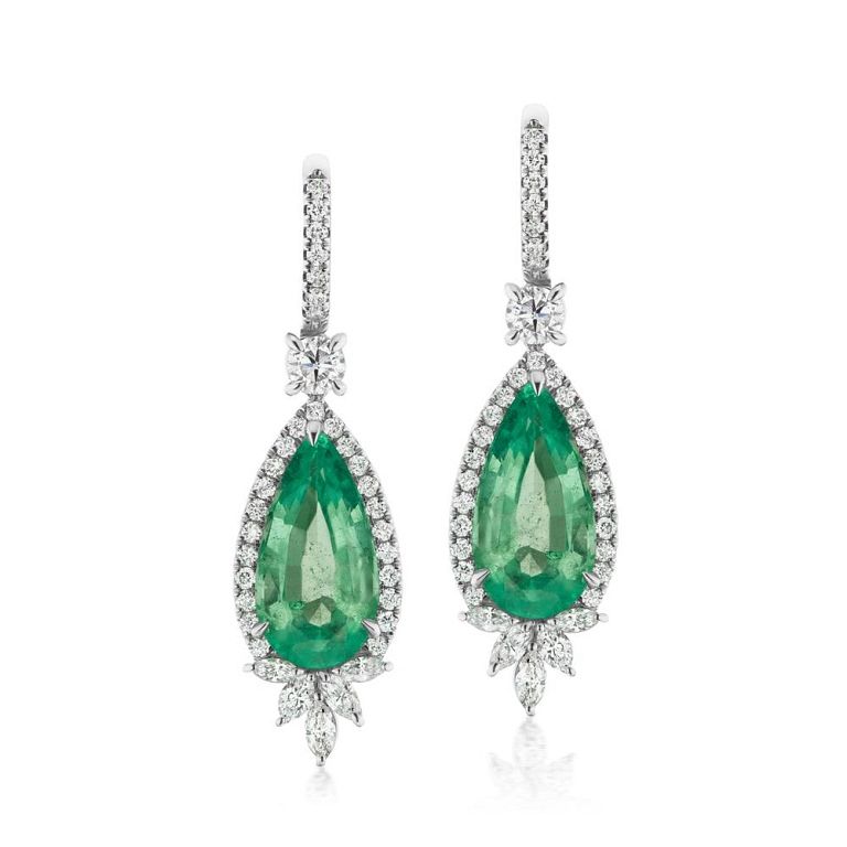 Appraisal: COLOMBIAN EMERALD AND DIAMOND EARRING COLOMBIAN EMERALD AND DIAMOND EARRING