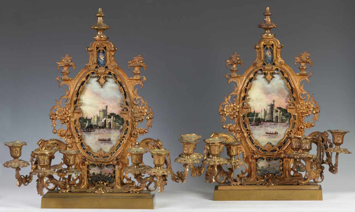 Appraisal: Pair of Gilt Bronze Girandoles th cent Reverse painted scenes