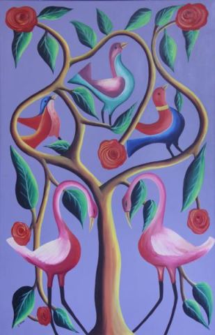 Appraisal: THOMAS G Oil on Canvas Exotic Birds in aFlowering Tree