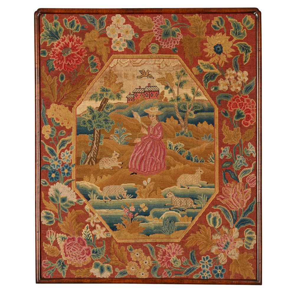 Appraisal: GEORGIAN NEEDLEWORK PANEL TH CENTURY depicting a lady spinning wool