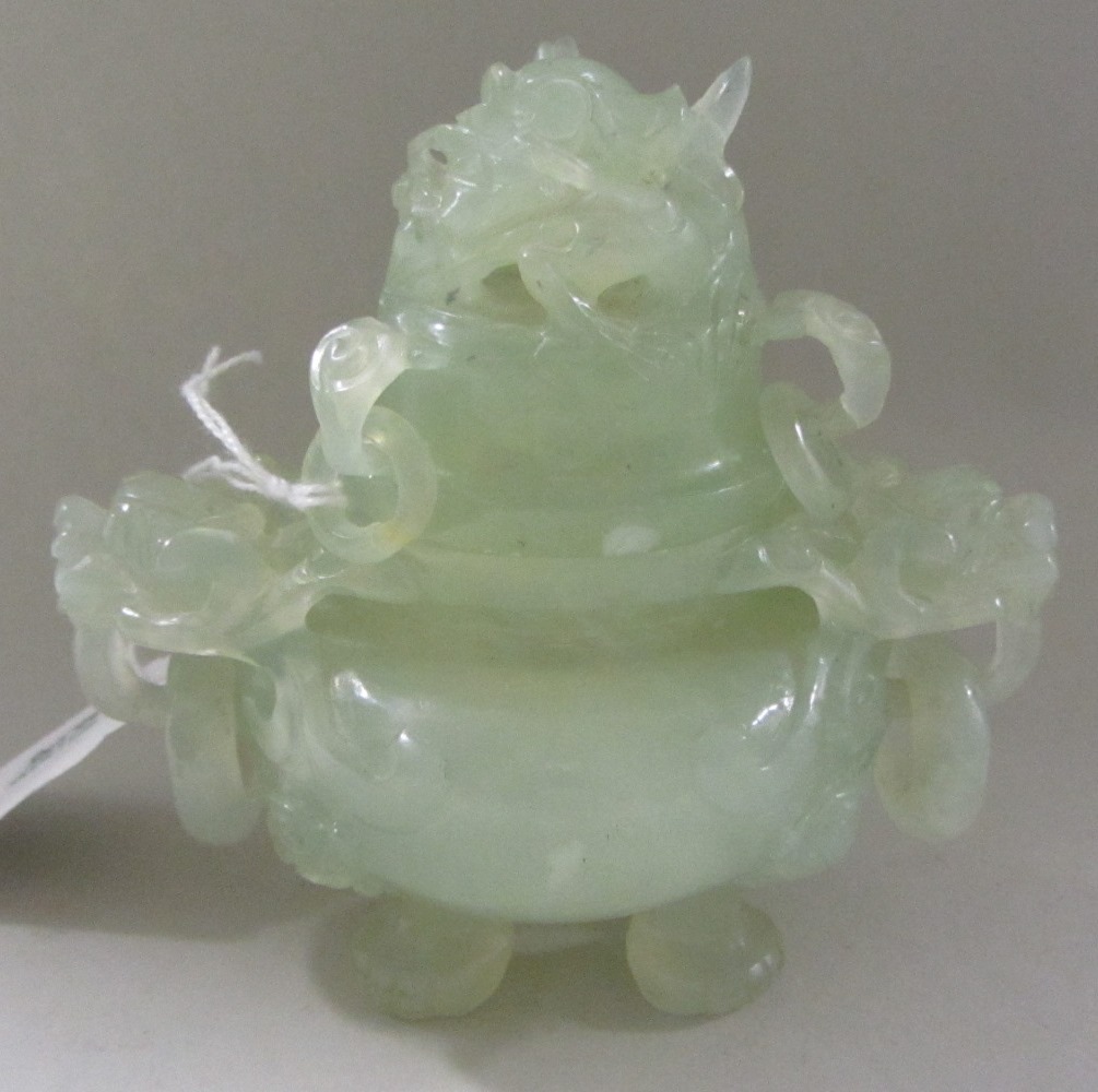 Appraisal: A small green jade censer and cover th century compressed