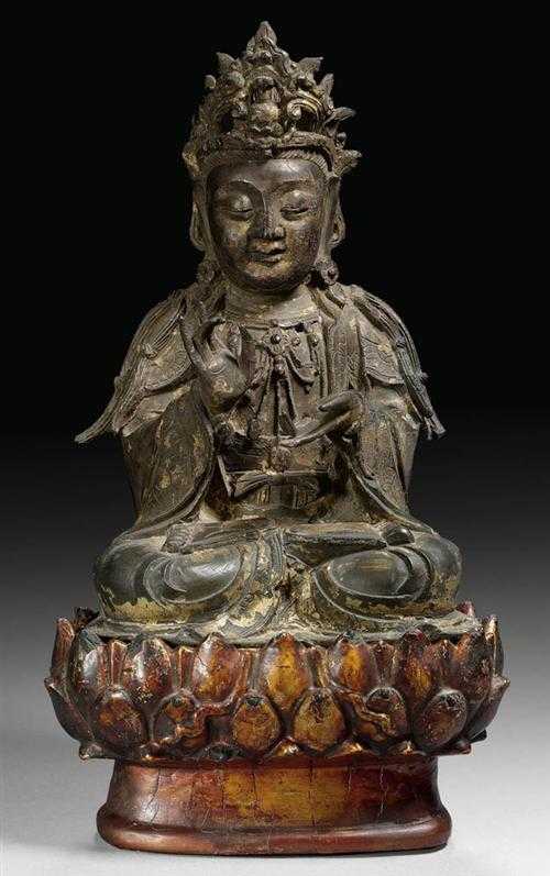 Appraisal: BODHISATTVA GUANYIN China Ming-dynasty H cm with plinth Dark bronze