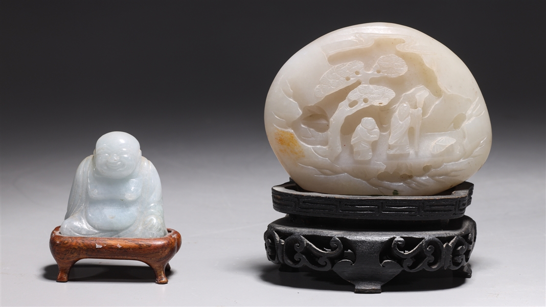 Appraisal: Two Chinese jade carvings including old jadeite Buddha on wood