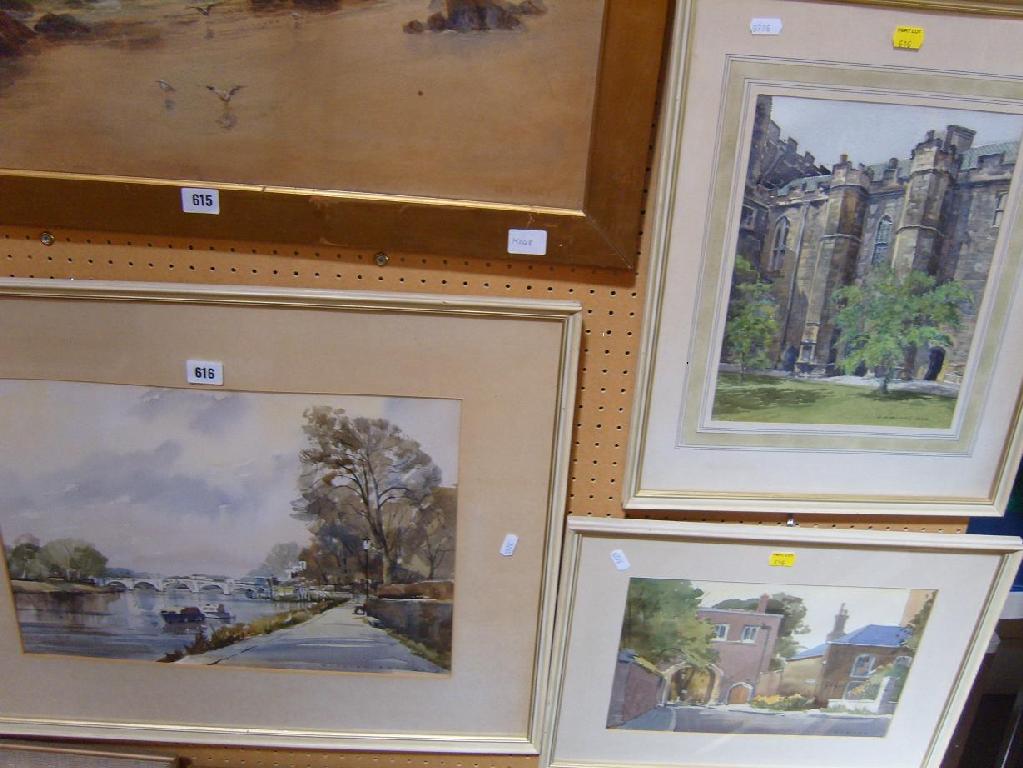 Appraisal: A watercolour of a Thames river scene with moored boats