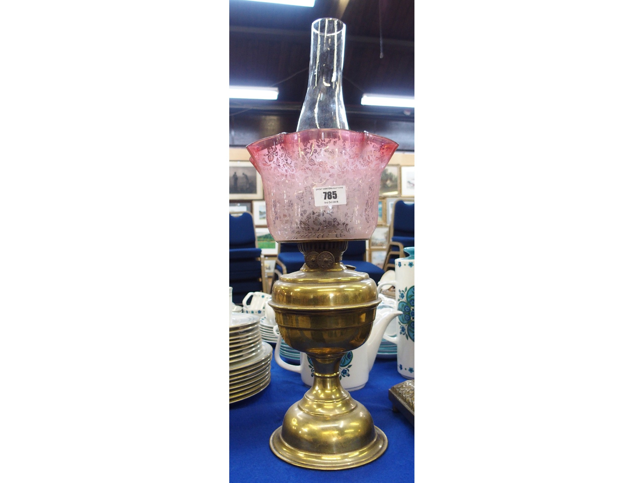 Appraisal: Brass and frosted cranberry glass oil lamp