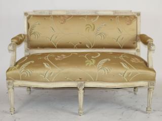 Appraisal: Louis XVI painted bench upholstered in silk Louis XVI style