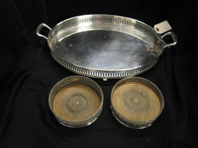 Appraisal: Silverplate Gallery Tray and Pair of Wine coasters